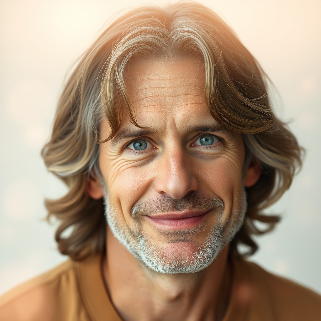 A romantic portrait of a man in his 40s, featuring medium-length, slightly wavy brown hair with gentle gray strands