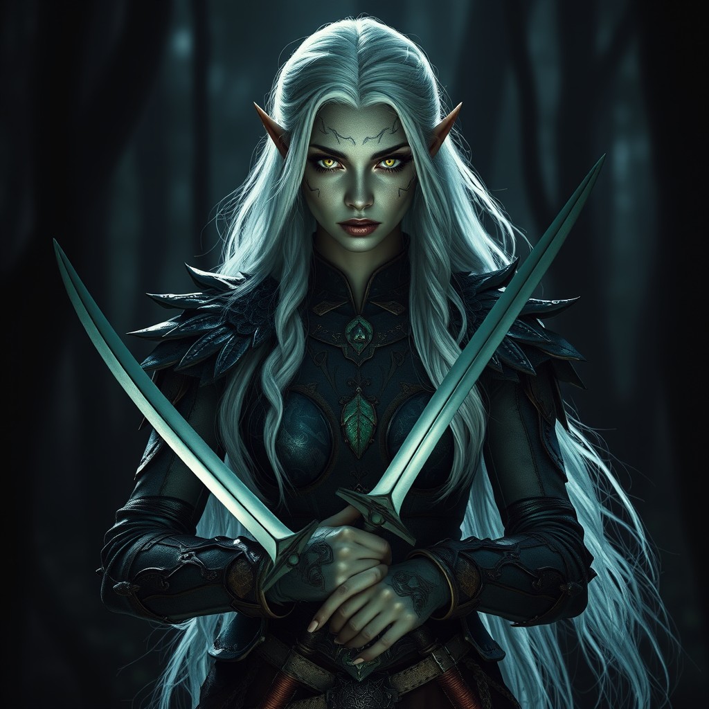 A dark Ashstone-skinned elven woman standing in a shadowed forest, exuding an aura of mystique