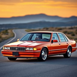 A new car designed by Lada, based on the 1994 Chevrolet Caprice, featuring a striking orange color with a classic American full-size sedan style
