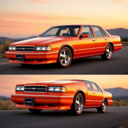 A new car designed by Lada, based on the 1994 Chevrolet Caprice, featuring a striking orange color with a classic American full-size sedan style