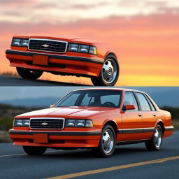A new car designed by Lada, based on the 1994 Chevrolet Caprice, featuring a striking orange color with a classic American full-size sedan style