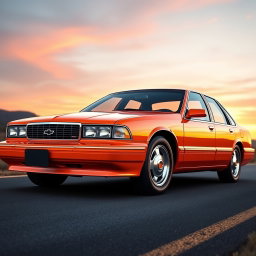 A new car designed by Lada, based on the 1994 Chevrolet Caprice, featuring a striking orange color with a classic American full-size sedan style