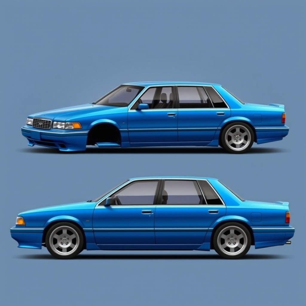 A new sedan created by the Russian company Lada, inspired by the 1994 Chevrolet Caprice and the 1989 Toyota Crown GS131, featuring a striking blue color