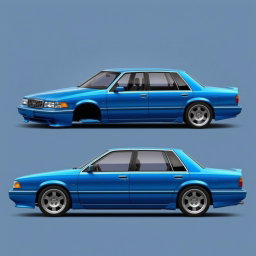 A new sedan created by the Russian company Lada, inspired by the 1994 Chevrolet Caprice and the 1989 Toyota Crown GS131, featuring a striking blue color