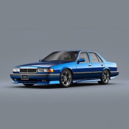 A new sedan created by the Russian company Lada, inspired by the 1994 Chevrolet Caprice and the 1989 Toyota Crown GS131, featuring a striking blue color