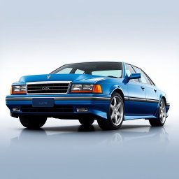 A new sedan created by the Russian company Lada, inspired by the 1994 Chevrolet Caprice and the 1989 Toyota Crown GS131, featuring a striking blue color