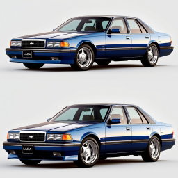 A new sedan created by the Russian company Lada, inspired by the 1994 Chevrolet Caprice and the 1989 Toyota Crown GS131, featuring a striking blue color