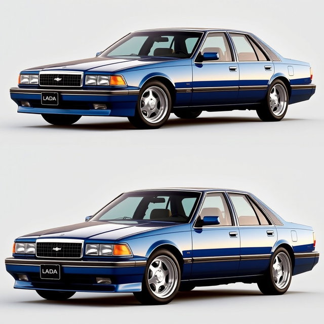 A new sedan created by the Russian company Lada, inspired by the 1994 Chevrolet Caprice and the 1989 Toyota Crown GS131, featuring a striking blue color