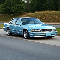 A new sedan created by the Russian company Lada, resembling the 1999 Chevrolet Caprice, featuring a soft blue color