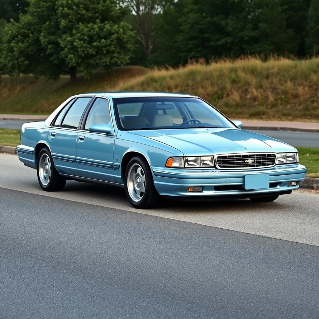 A new sedan created by the Russian company Lada, resembling the 1999 Chevrolet Caprice, featuring a soft blue color