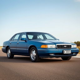 A new blue car created by the Russian company Lada, styled similar to the 1999 Chevy Caprice but as a modern reinterpretation of an old model