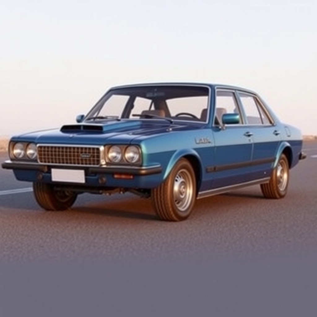 A new blue car created by the Russian company Lada, resembling an American full-size muscle car sedan from 2000 with a V8 engine, while simultaneously being a modern reinterpretation of an older model
