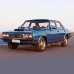 A new blue car created by the Russian company Lada, resembling an American full-size muscle car sedan from 2000 with a V8 engine, while simultaneously being a modern reinterpretation of an older model