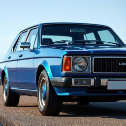 A new blue car created by the Russian company Lada, resembling an American full-size muscle car sedan from 2000 with a V8 engine, while simultaneously being a modern reinterpretation of an older model