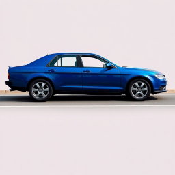 A new blue car created by the Russian company Lada, resembling an American full-size muscle car sedan from 2000 with a V8 engine, while simultaneously being a modern reinterpretation of an older model