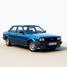 A new blue car created by the Russian company Lada, resembling an American full-size muscle car sedan from 2000 with a V8 engine, while simultaneously being a modern reinterpretation of an older model
