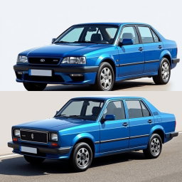 A new blue car created by the Russian company Lada, resembling an American full-size body-on-frame sedan from the 2000s with a V8 engine, while also serving as a modern reinterpretation of an older model