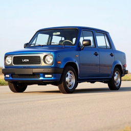 A new blue car created by the Russian company Lada, resembling an American full-size body-on-frame sedan from the 2000s with a V8 engine, while also serving as a modern reinterpretation of an older model