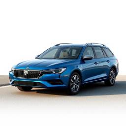 A new blue car created by the Russian company Lada, resembling an American full-size body-on-frame sedan from the 2000s with a V8 engine, while also serving as a modern reinterpretation of an older model