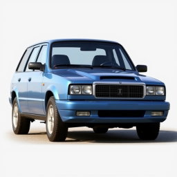 A new blue car created by the Russian company Lada, resembling an American full-size body-on-frame sedan from the 2000s with a V8 engine, while also serving as a modern reinterpretation of an older model