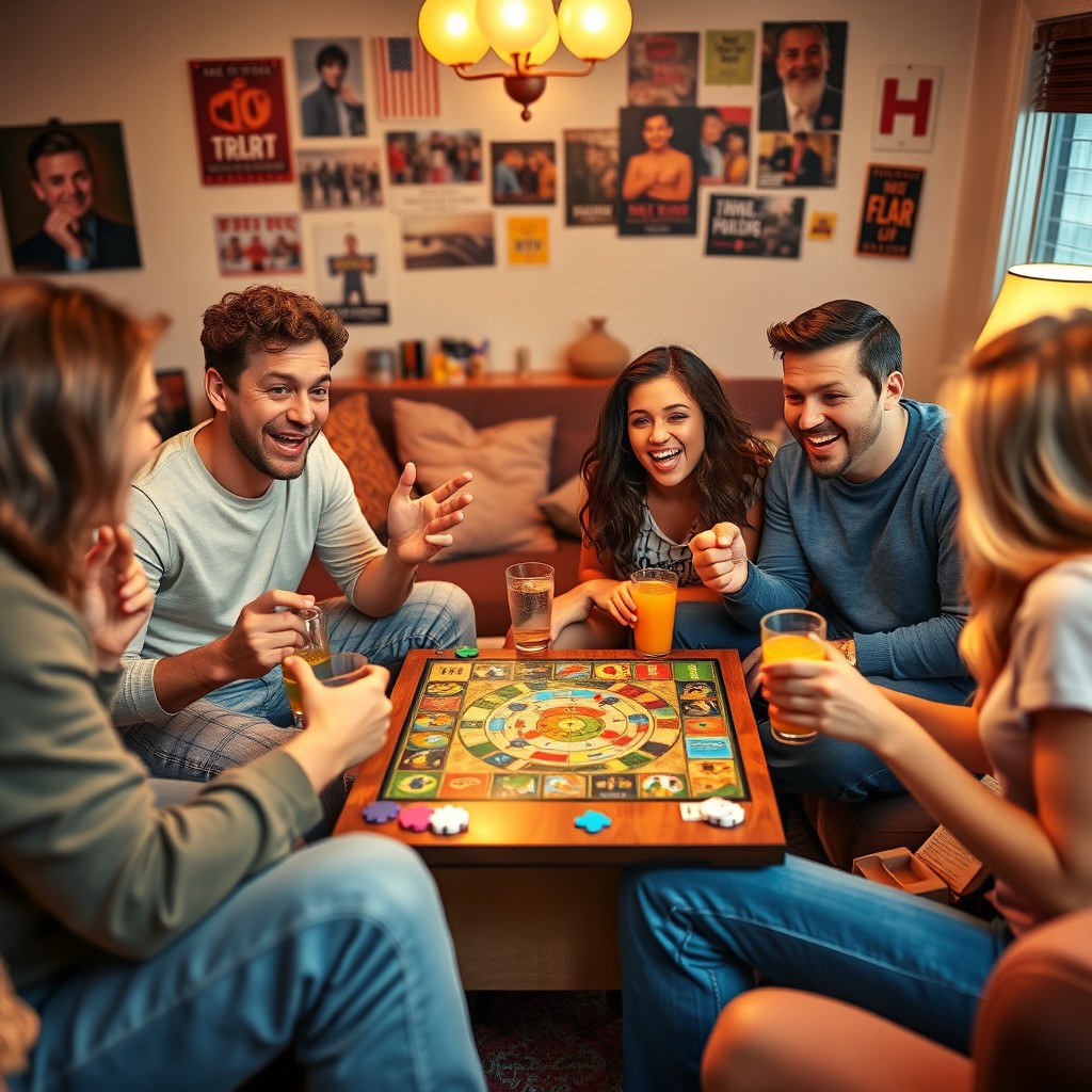 A vibrant and playful scene showing four friends happily playing a board game together, with colorful game pieces and a lively atmosphere
