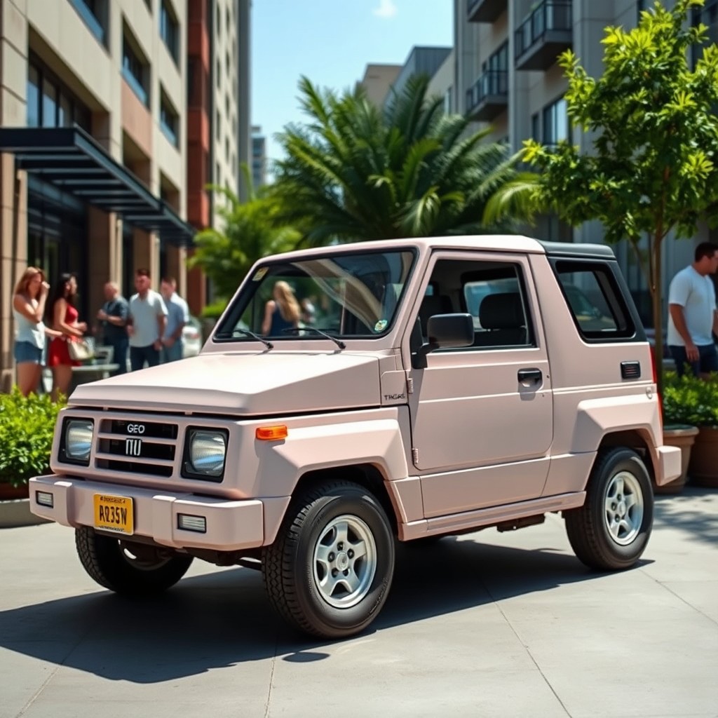 A sleek 1992 Tracker Geo in a soft matte pale pink color, parked in a stylish urban setting