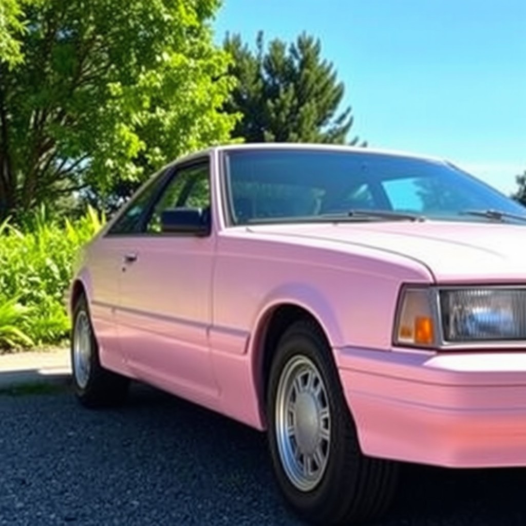 A stunning 1992 Geo Chevrolet in a unique pale pink matte finish, parked in a picturesque setting