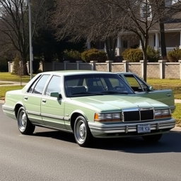 A modern Russian car inspired by the classic American full-size sedans like the 1997 Caprice and Crown Victoria, beautifully reimagined as a light green, utilitarian sedan