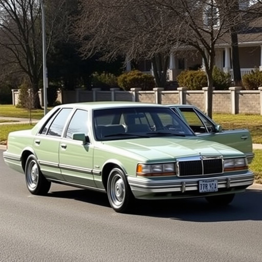 A modern Russian car inspired by the classic American full-size sedans like the 1997 Caprice and Crown Victoria, beautifully reimagined as a light green, utilitarian sedan