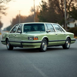 A modern Russian car inspired by the classic American full-size sedans like the 1997 Caprice and Crown Victoria, beautifully reimagined as a light green, utilitarian sedan