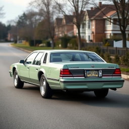 A modern Russian car inspired by the classic American full-size sedans like the 1997 Caprice and Crown Victoria, beautifully reimagined as a light green, utilitarian sedan