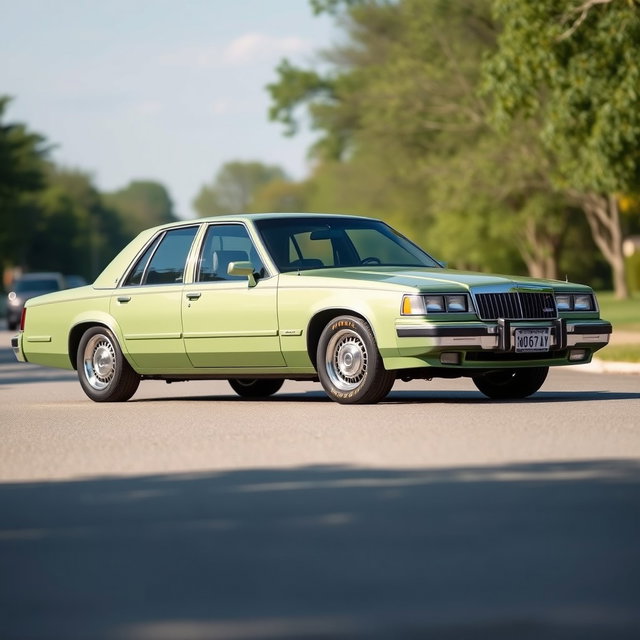A modern Russian car inspired by the classic American full-size sedans like the 1997 Caprice and Crown Victoria, beautifully reimagined as a light green, utilitarian sedan