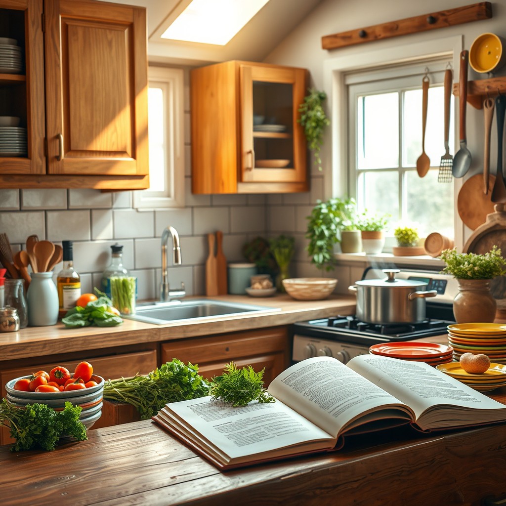 A vibrant kitchen scene full of life and culinary delights
