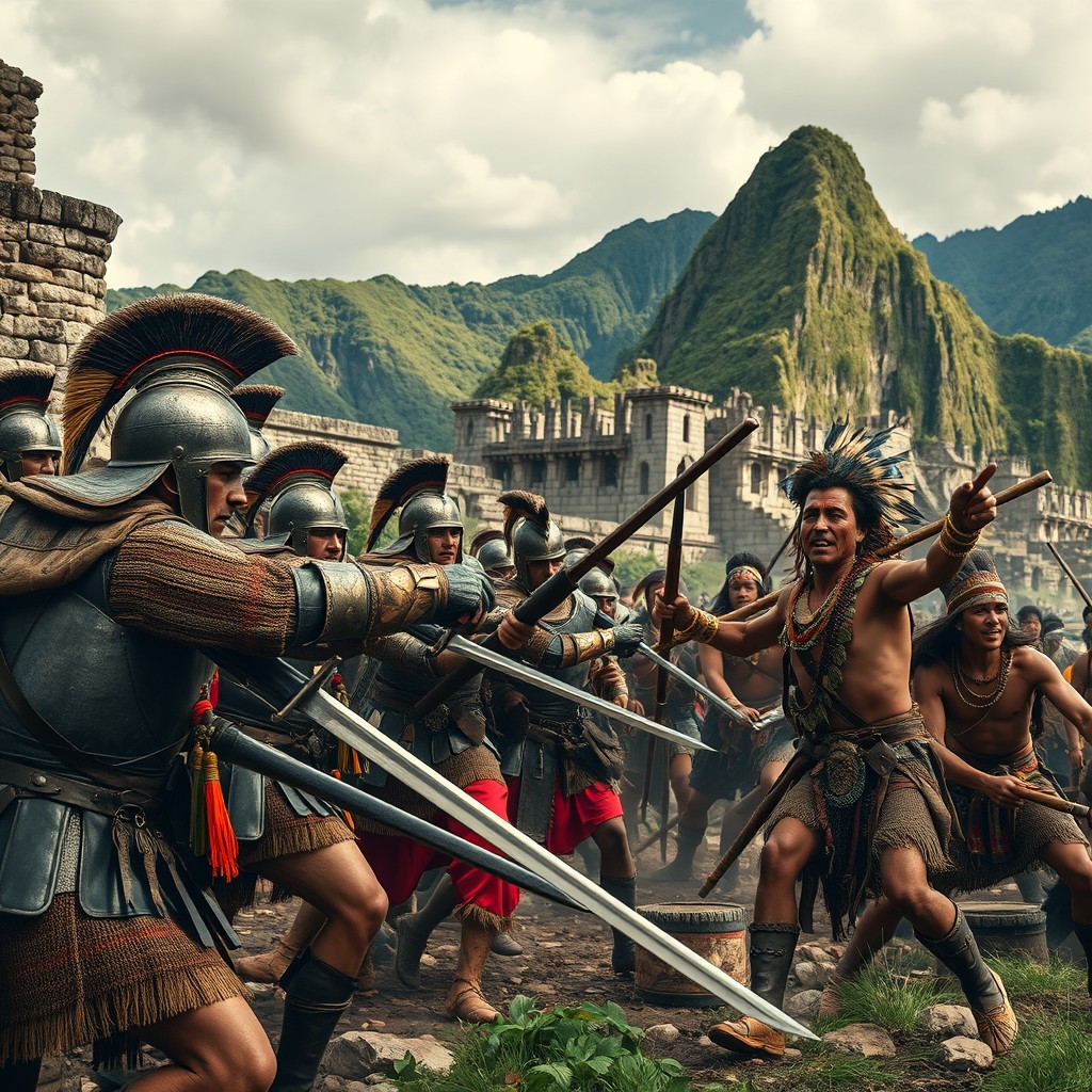 Spanish soldiers in 16th-century armor, fiercely engaged with indigenous Inca warriors amidst the ruins of a grand Inca city