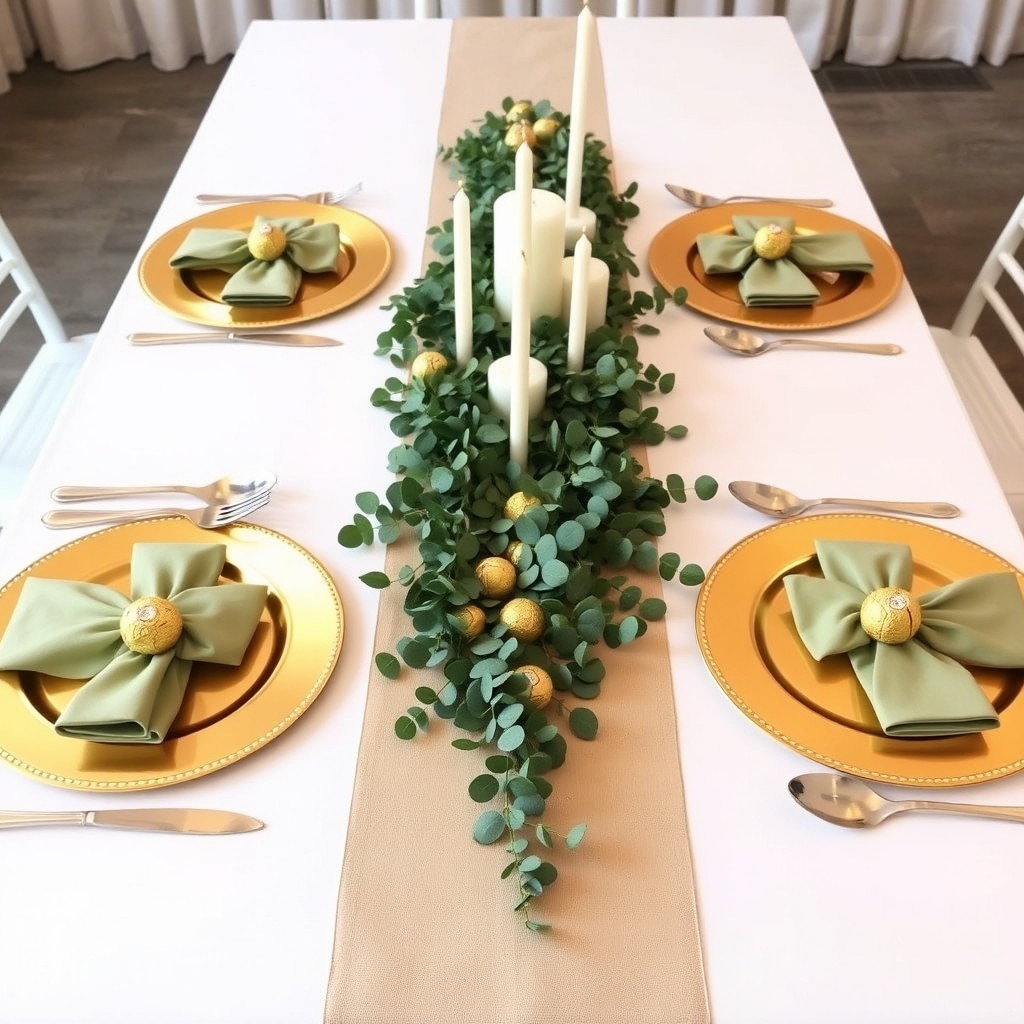 A beautifully arranged wedding table set for six people, featuring a white tablecloth and a beige table runner centered along the middle of the table