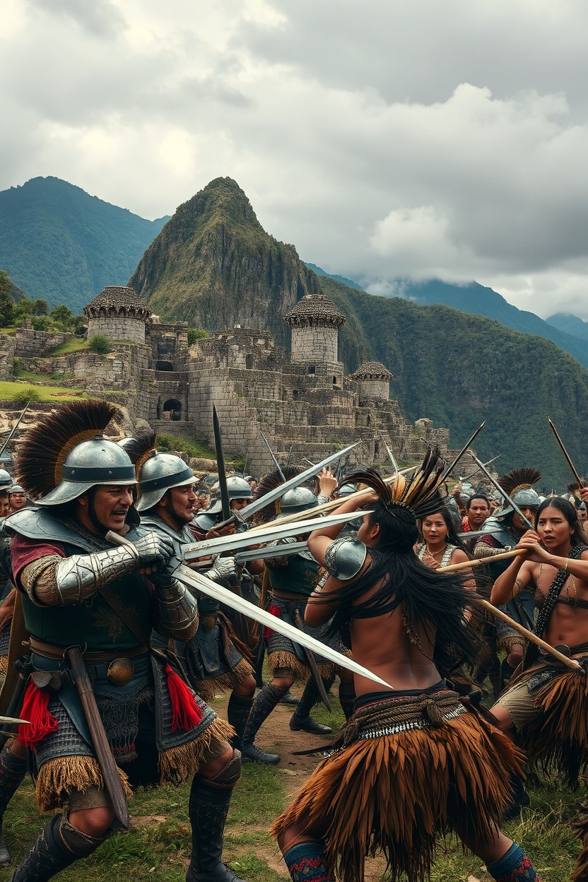 Spanish soldiers in detailed 16th-century armor, actively engaged in a fierce battle against indigenous Inca warriors amidst the striking ruins of an ancient Inca city
