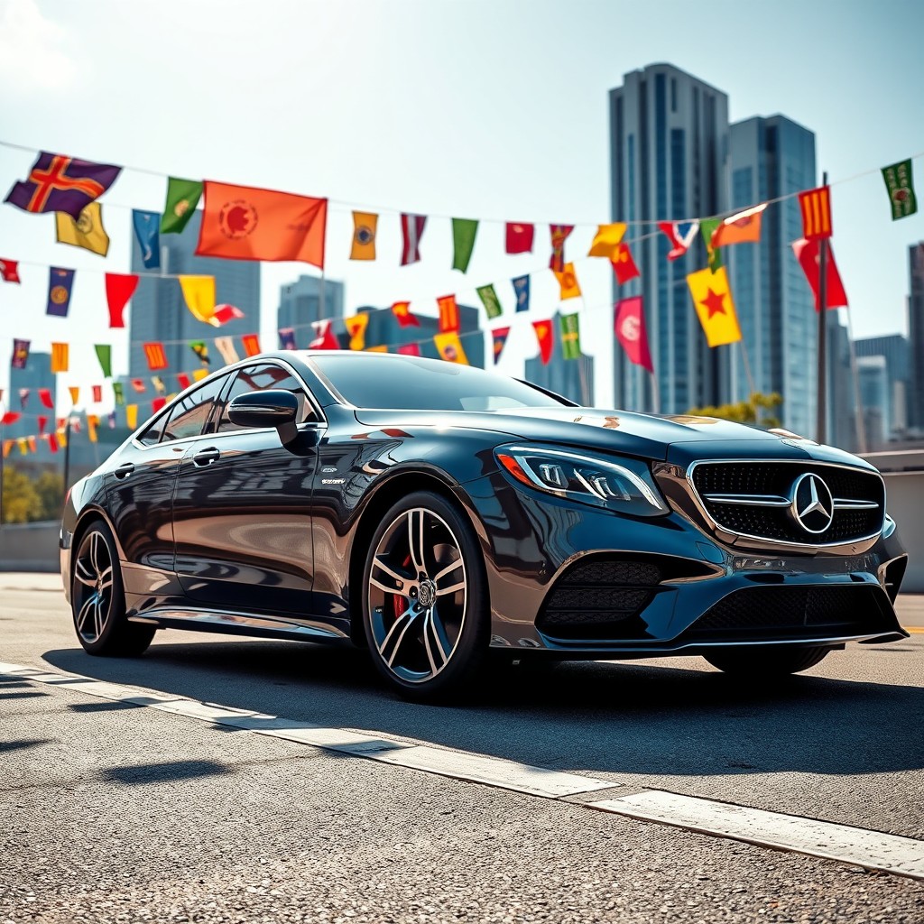 A striking image of a sleek, modern car parked in an urban setting, adorned with vibrant flags showcasing various colors and patterns