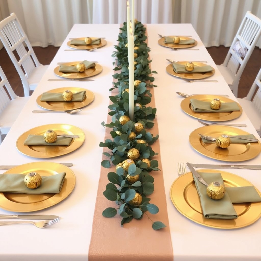 A beautifully arranged wedding table set for six guests featuring a long white tablecloth adorned with a beige table runner down the center
