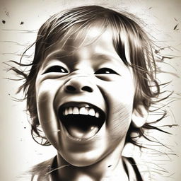 A compelling music poster featuring a child laughing while tear traces are evident, embodying both joy and sadness. A striking representation of emotional complexity, ideal for an expressive music album cover.