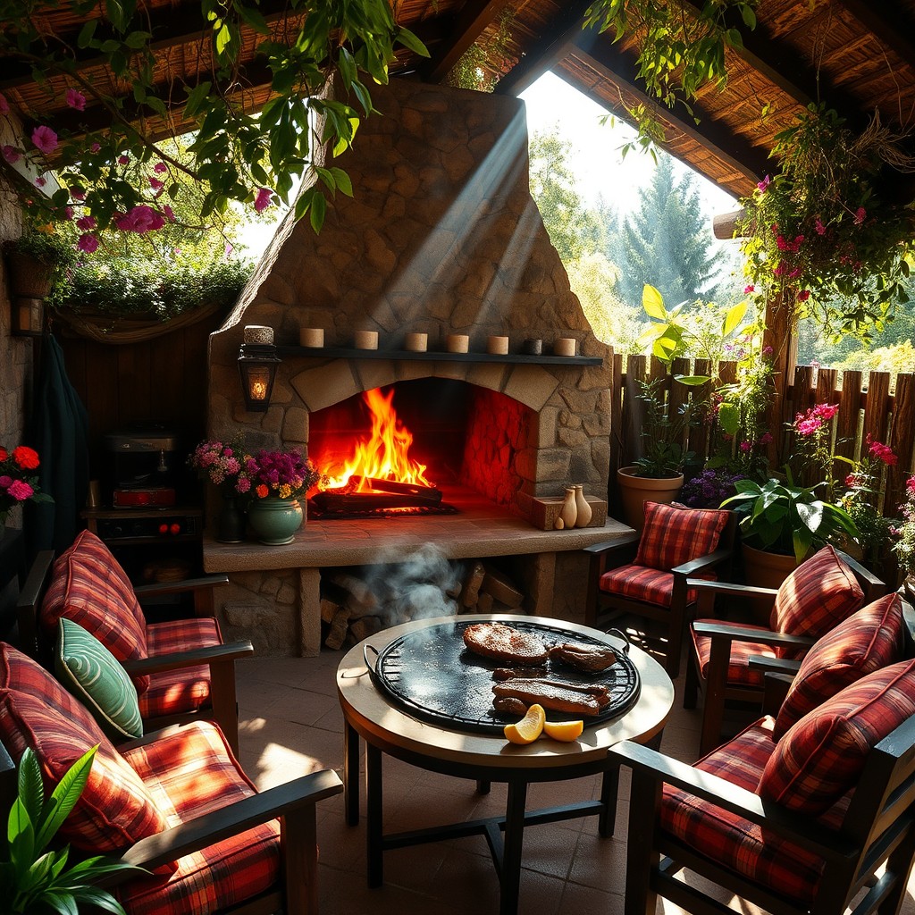 A beautifully decorated quincho, an outdoor Argentine barbecue area, showcasing a rustic yet cozy atmosphere