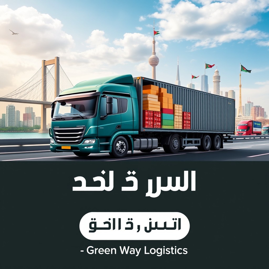 A dynamic and visually appealing advertisement for Green Wayy Logistics, showcasing their logistics services between Jordan and Palestine