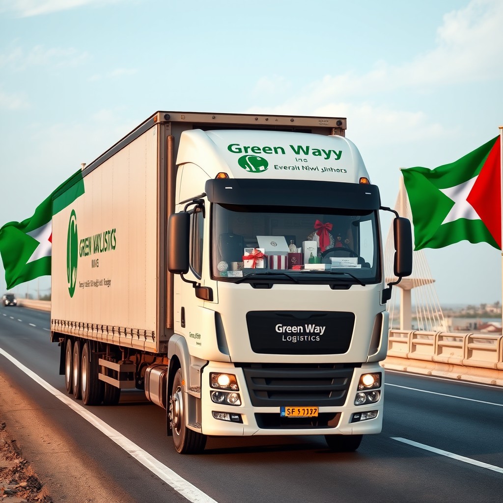 A large truck displaying the name 'Green Wayy Logistics' prominently on its side, driving on a road heading towards a bridge crossing