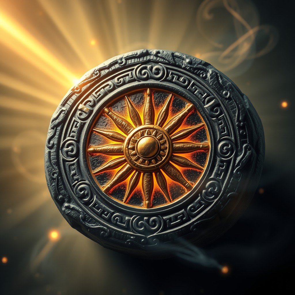 A detailed rune featuring a stylized sun design at its center, surrounded by intricate patterns and symbols that evoke ancient magic