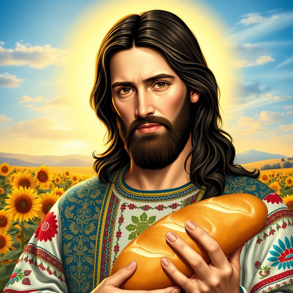 A portrayal of Jesus Christ with distinctive Ukrainian features and traditional clothing