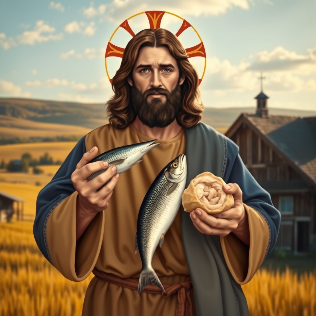 A stylized depiction of Jesus Christ portrayed in a Ukrainian cultural setting, wearing traditional Cossack clothing with a vibrant, commanding presence