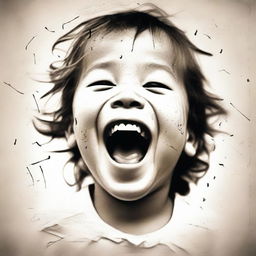 A compelling music poster featuring a child laughing while tear traces are evident, embodying both joy and sadness. A striking representation of emotional complexity, ideal for an expressive music album cover.