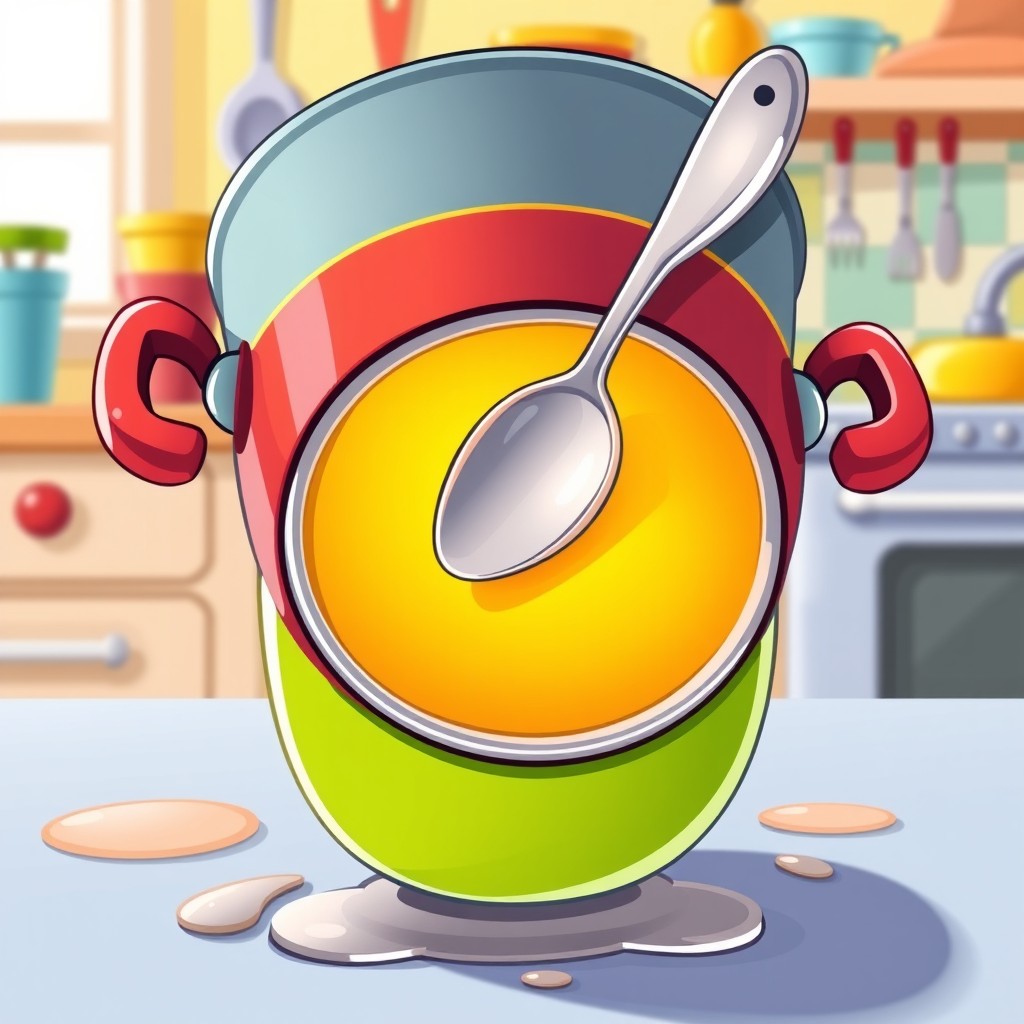 A whimsical cartoon scene featuring an upside-down pot with a shiny spoon resting delicately atop it