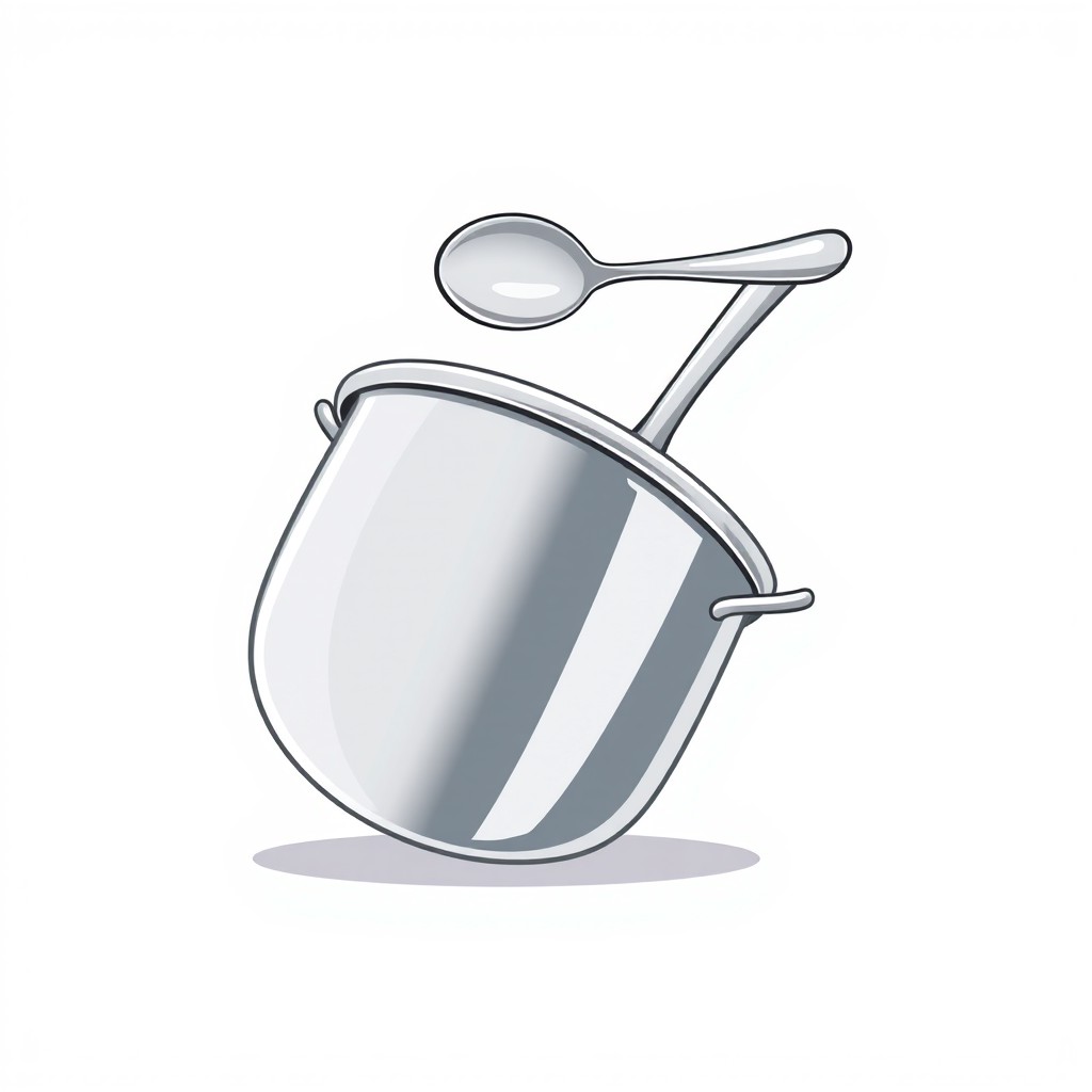 A cartoon-style illustration of a silver pot turned upside down, with a spoon positioned above the pot