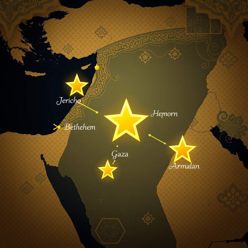 Stylized map of the Middle East featuring traditional Arab details, highlighting the cities of Jericho, Bethlehem, Hebron, Gaza, Jerusalem, and Amman (Jordan)