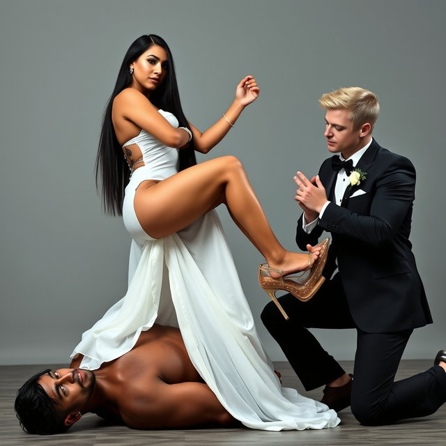 A beautiful Mexican woman with fair skin, wide hips, and a curvy physique, featuring thick legs and very long, straight black hair